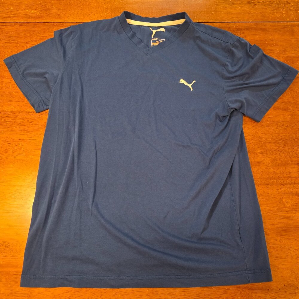PUMA Men's Blue Cotton Jersey Crew Neck Short Sleeve T-Shirt with Logo Medium
